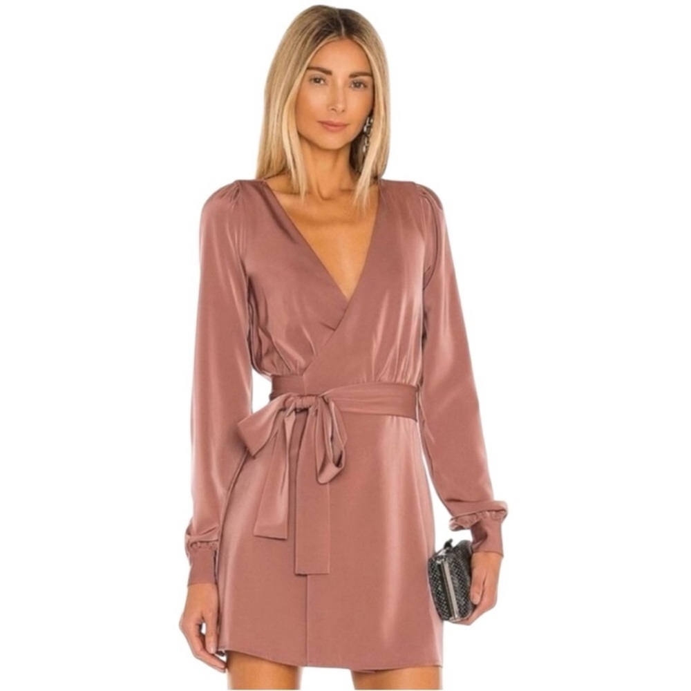 NBD Janet Mauve Satin Wrap Mini Dress Long Sleeve Cocktail XS